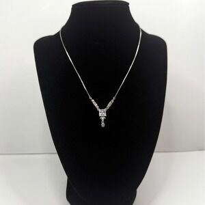 Princess Cut Cubic Zirconia CZ Y Drop Pendant Necklace Silver Tone Jewelry 8.5in